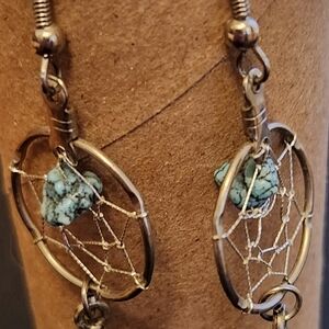 Silver Dreamcatcher Earrings with Turquoise Accents